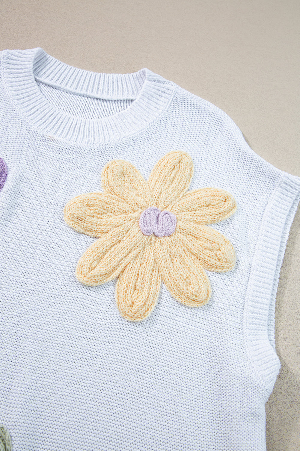 White Multi Crochet Flower Knit Short Sleeve Sweater Tops