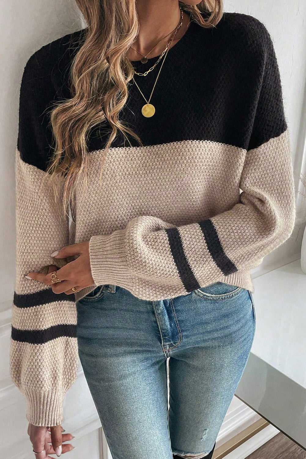 Medium Grey Color Block Knit Striped Sleeve Detail Casual Sweater