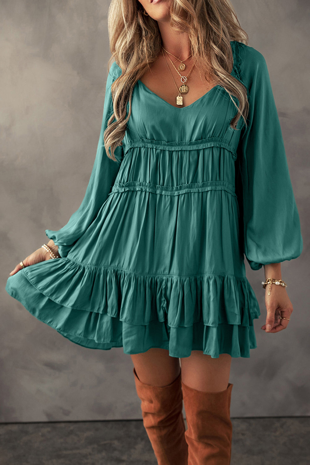 Black Tiered Ruffled Puff Sleeve Loose Fit Mini Dress