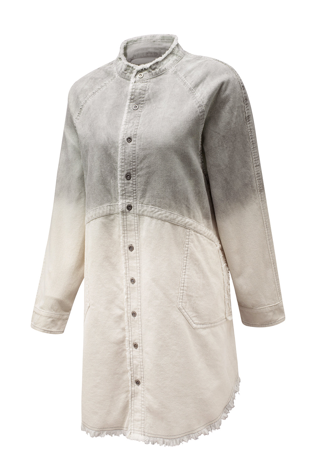 Gray Gradient Long Sleeve Button Up Raw Hem Denim Dress