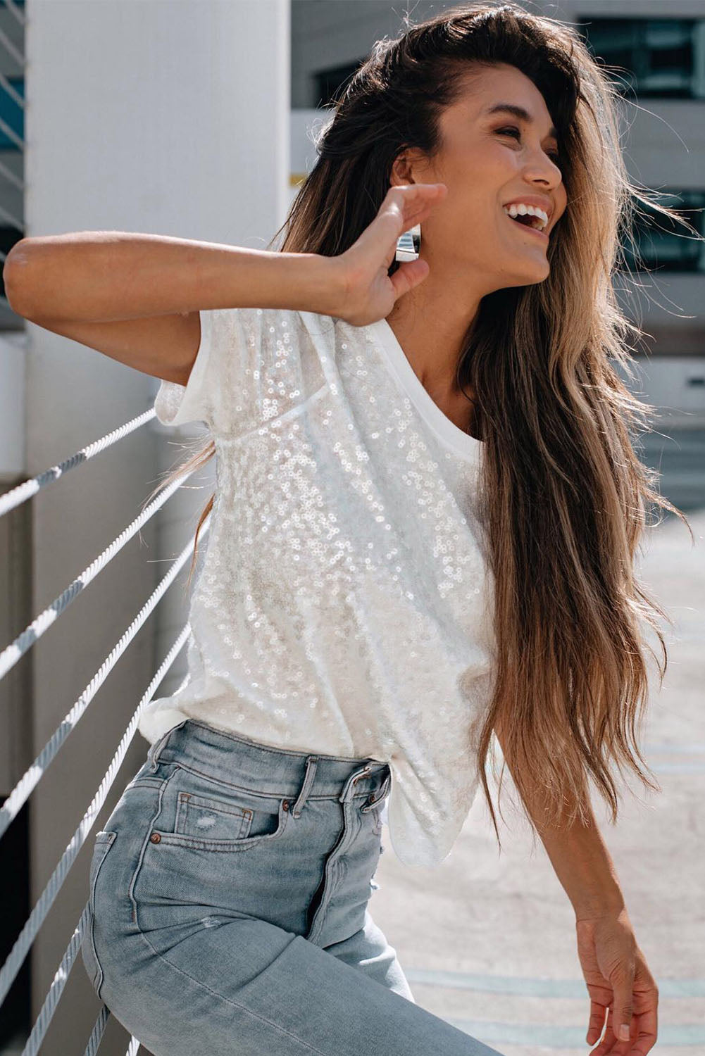 White Sequin Casual Short Sleeve T Shirt