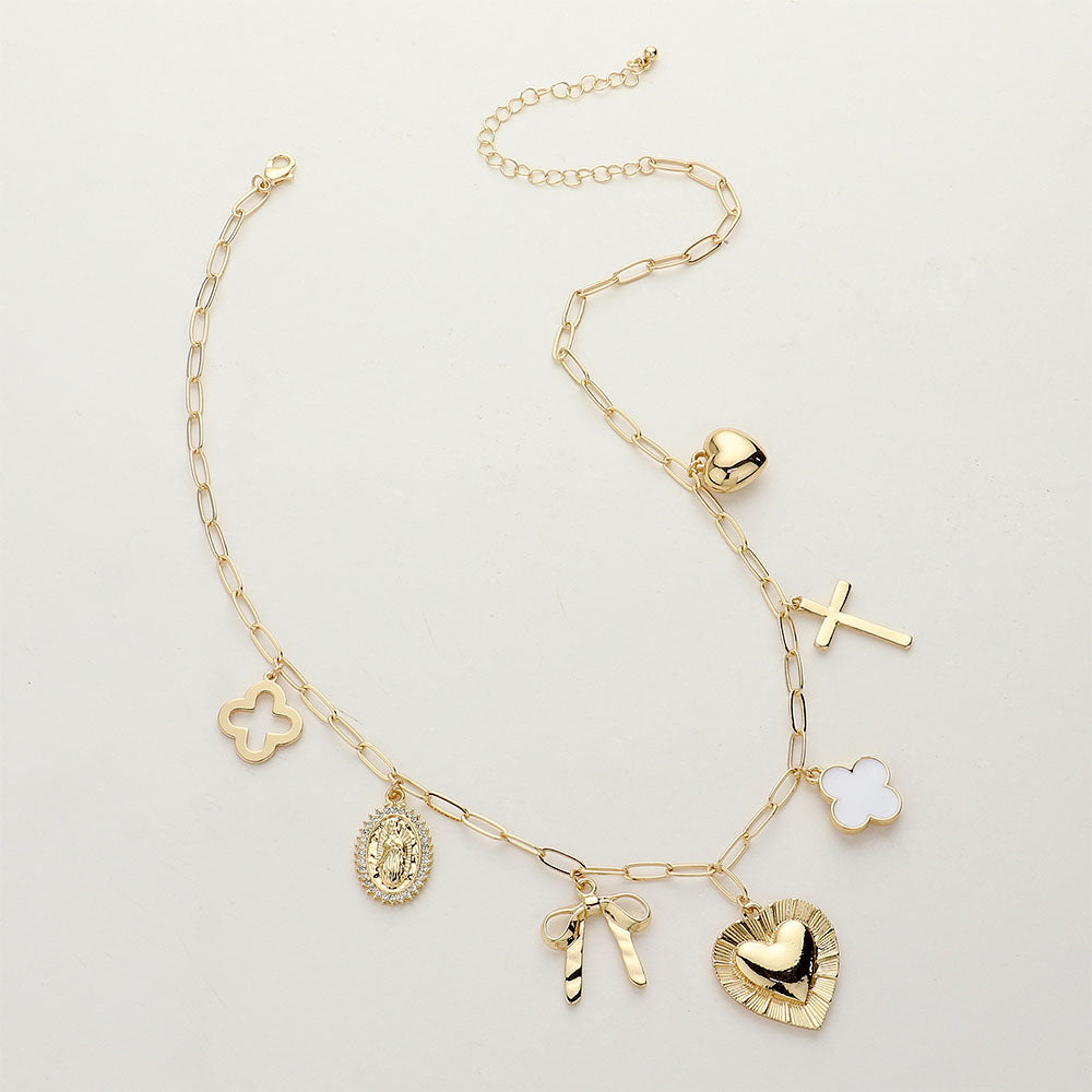 Quatrefoil Heart Bow Cross Charm Station Necklace