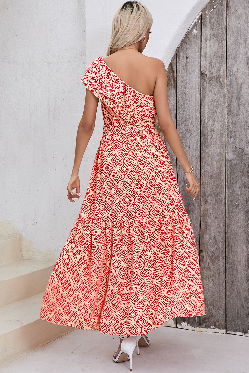 Fiery Red Boho Geometric Print One Shoulder Side Slit Maxi Dress