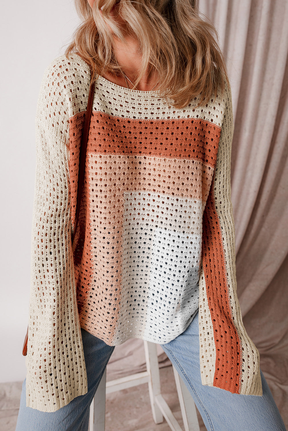 Apricot Pointelle Knit Colorblock Baggy Sweater