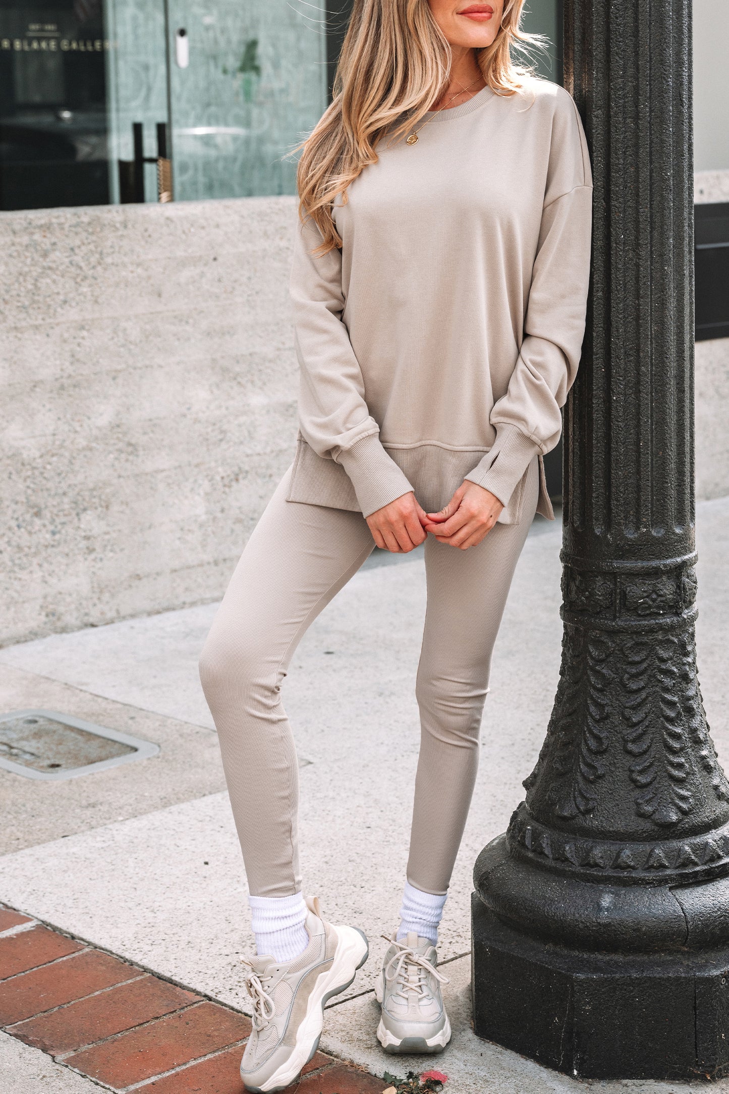 Orchid Mist Solid Color Oversize Slit Sweatshirt Ribbed Leggings 2pcs Set