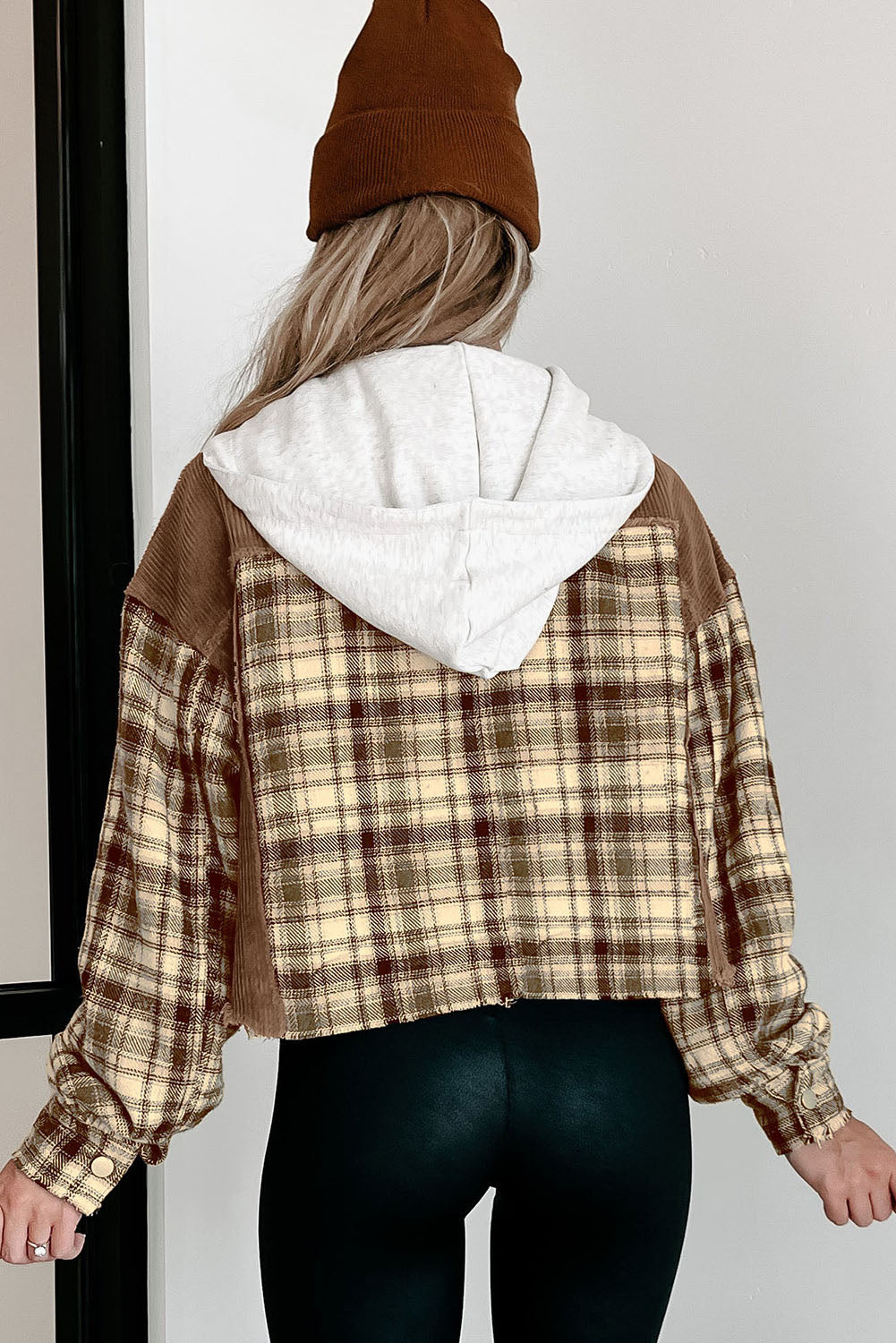 Brown Plaid Patchwork Distressed Hooded Cropped Jacket
