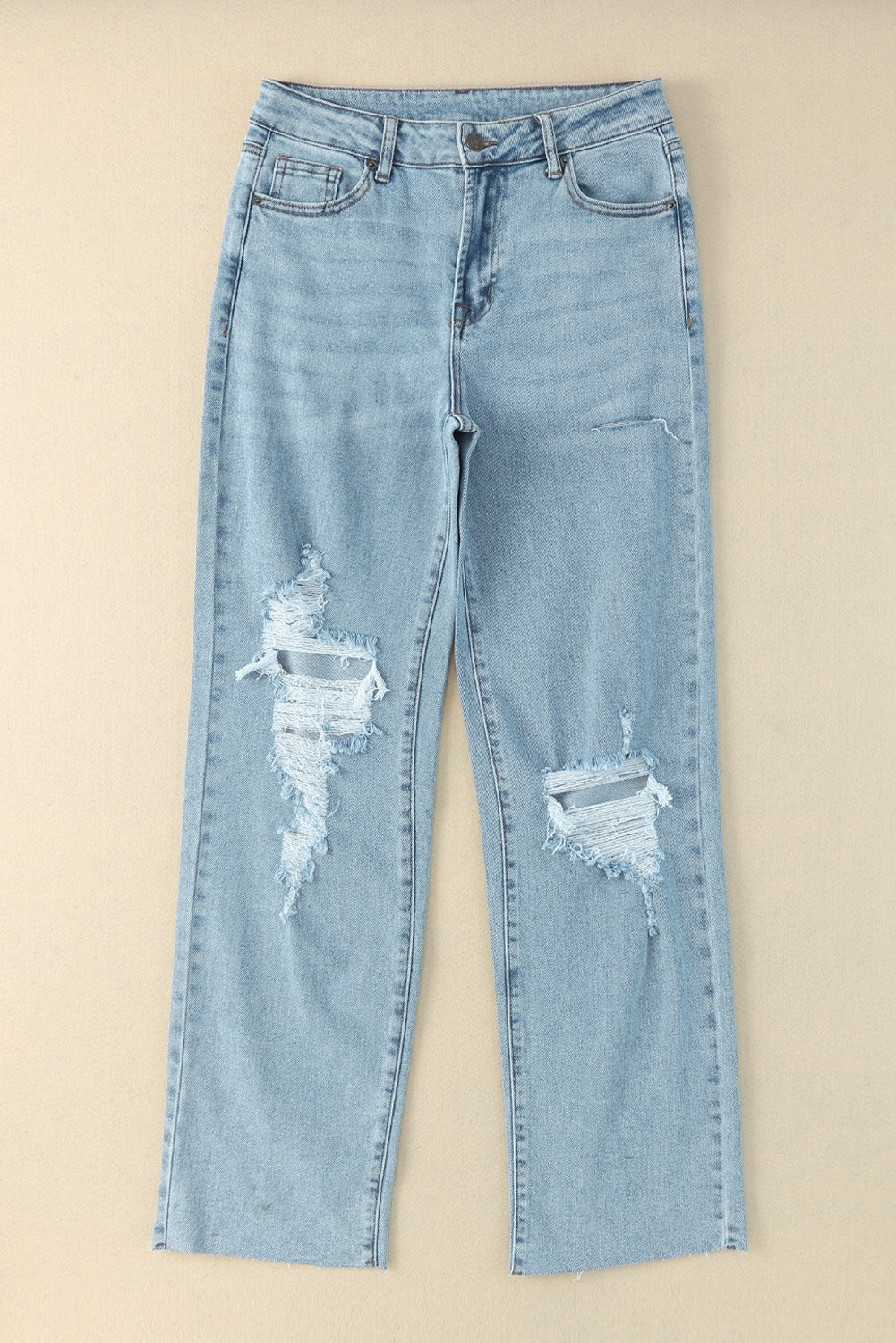 Sky Blue Distressed Frayed Hem Holed Straight Leg Loose Jeans