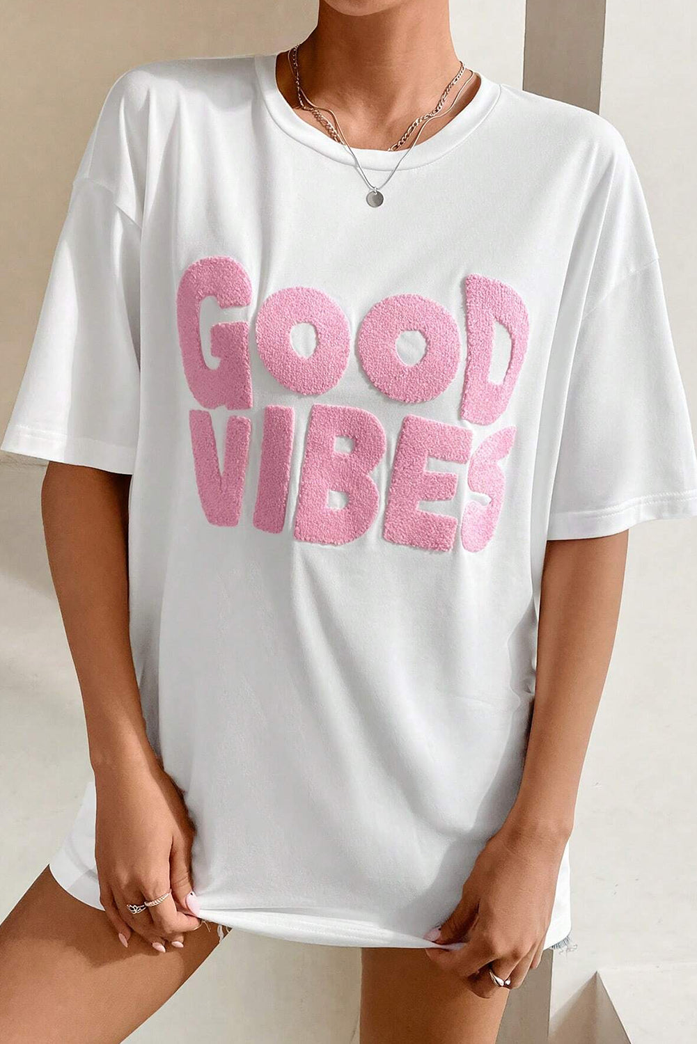 White GOOD VIBES Chenille Embroidered Crewneck T Shirt