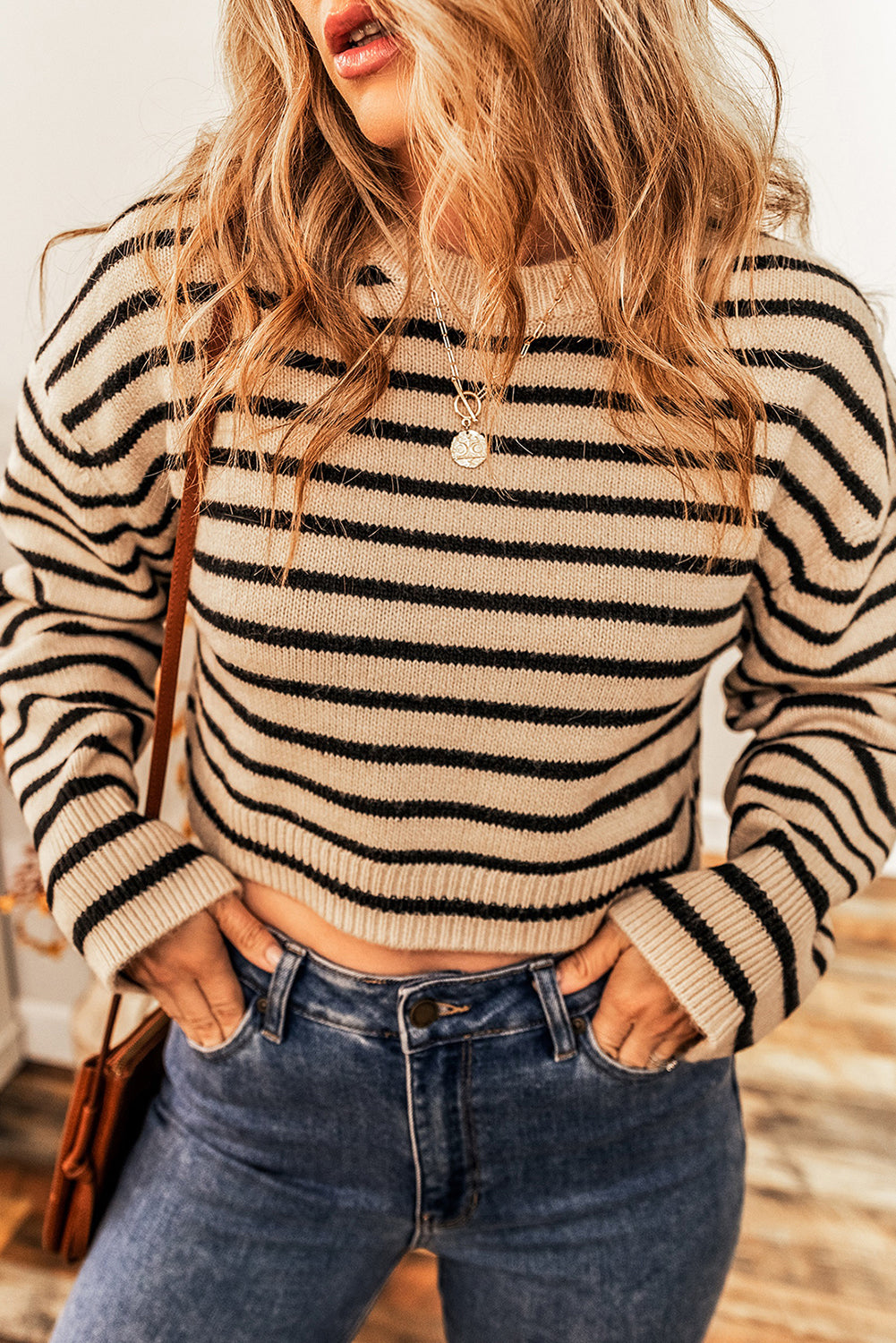 Light French Beige Striped Knit Drop Shoulder Crewneck Cropped Sweater