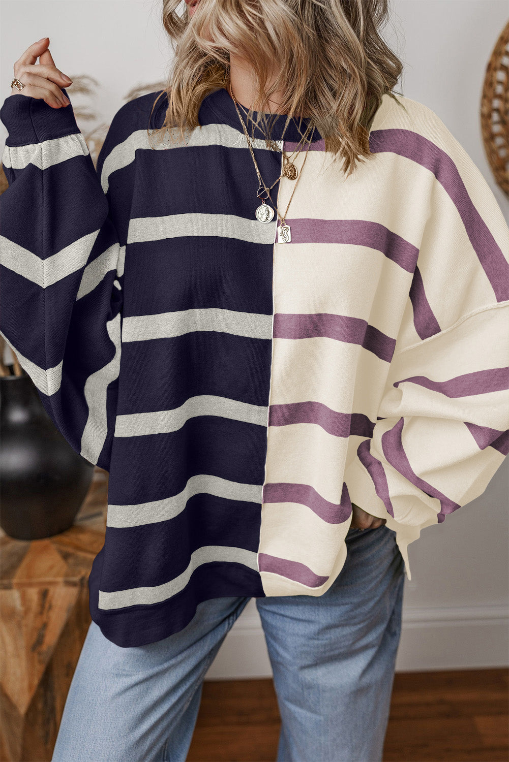 Khaki Stripe Colorblock Oversized Sweater