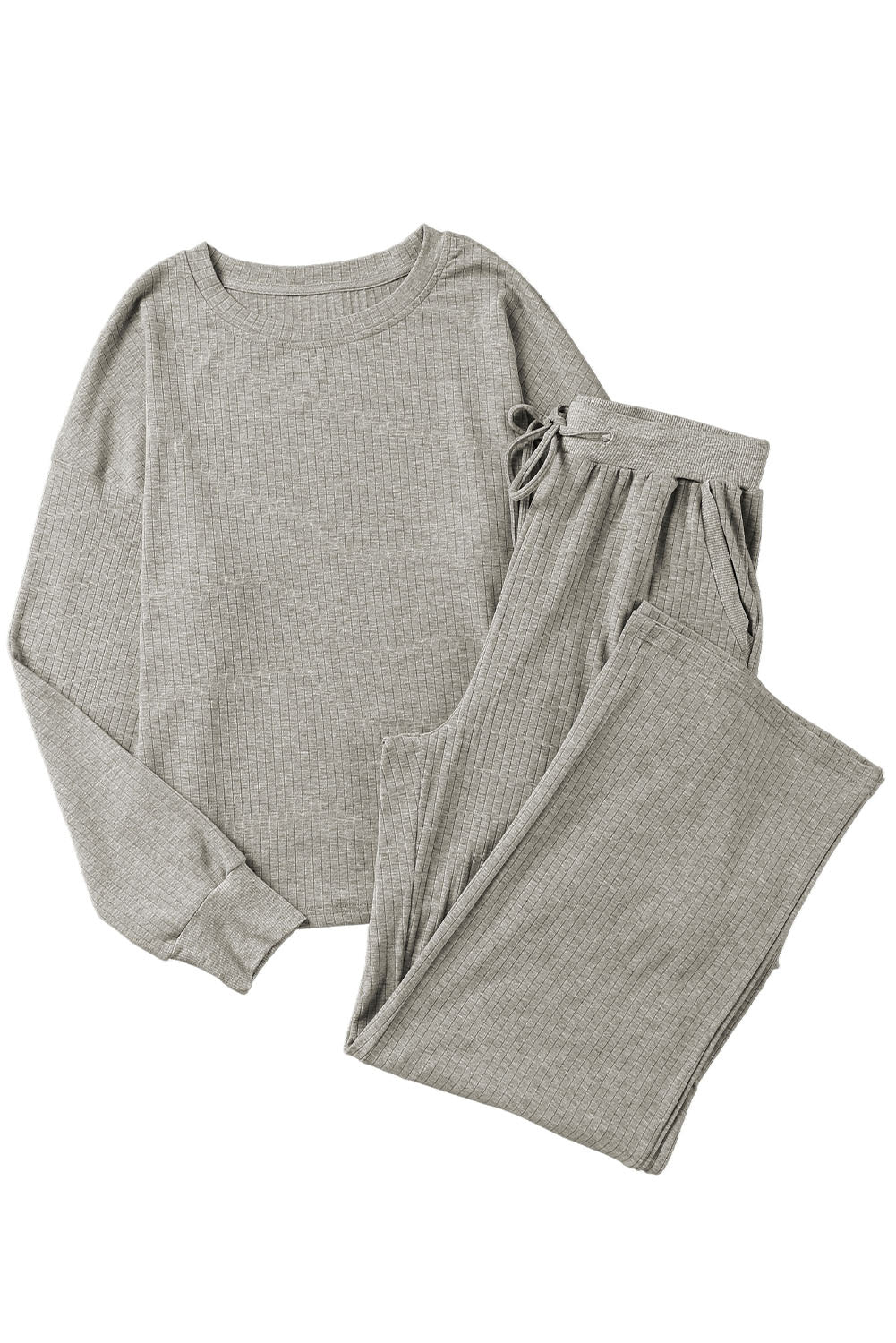 Gray Ribbed Drop Shoulder Pullover and Pants Lounge Set