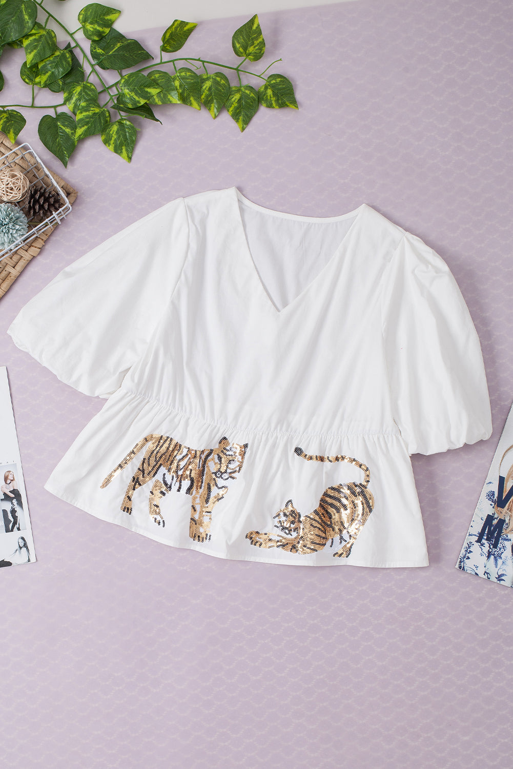 White Sequined Tiger V Neck Puff Sleeve Blouse