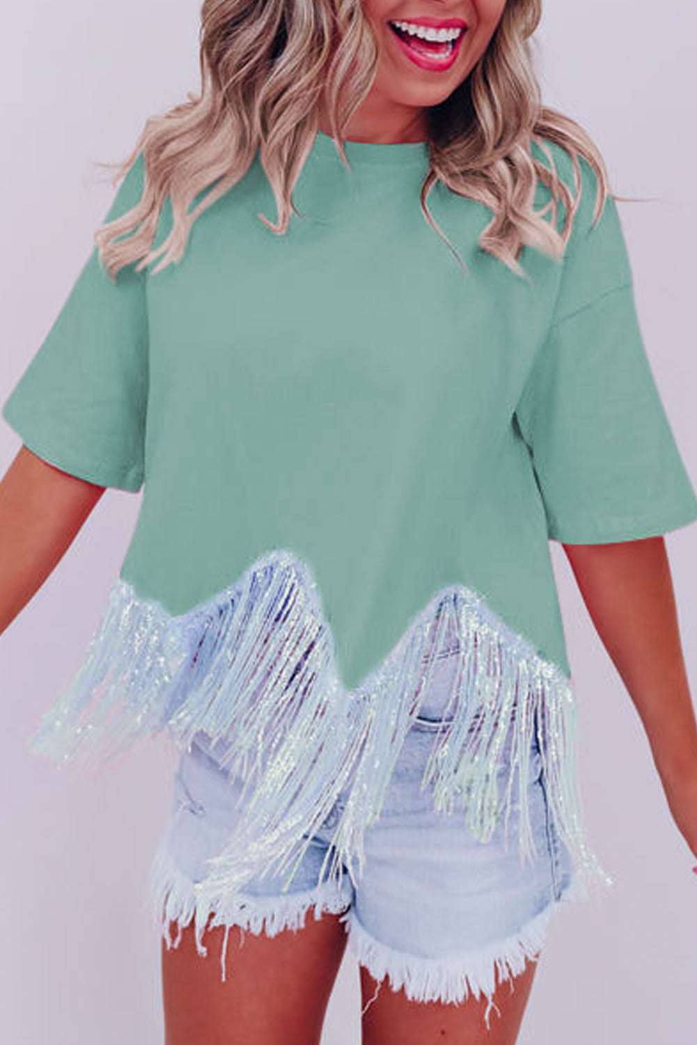 Moonlight Jade Fringed Sequin Crop T-shirt