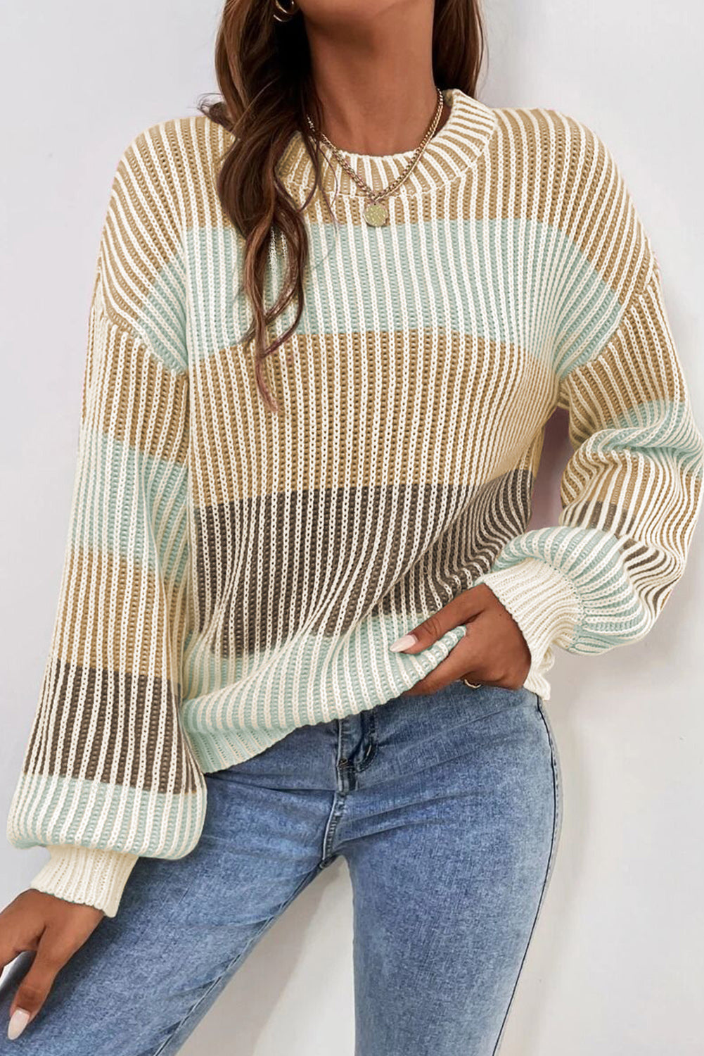 Pink Colorblock Textured Knit Bubble Sleeve Sweater