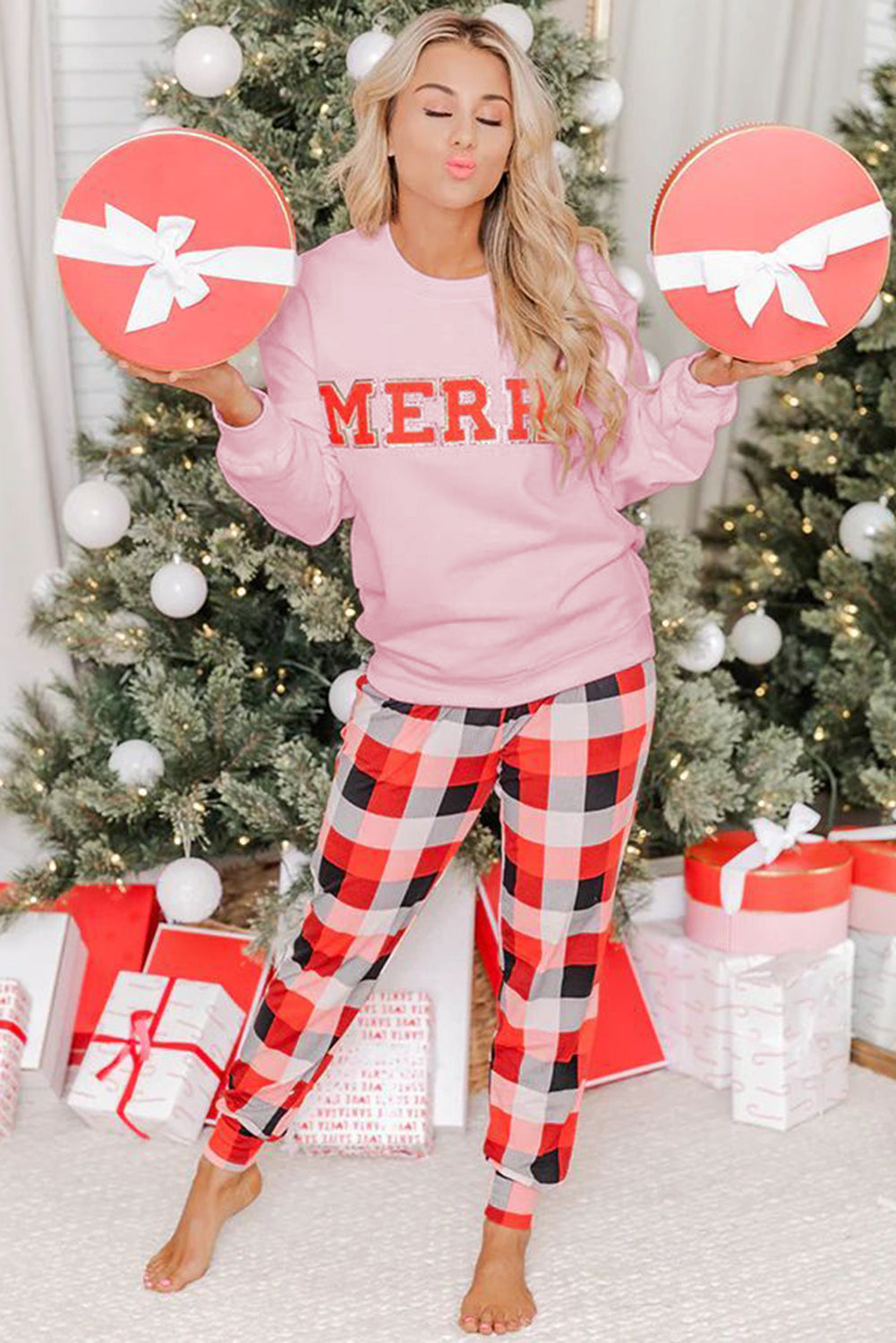 Multicolor MERRY Graphic Pullover and Plaid Pants Lounge Set