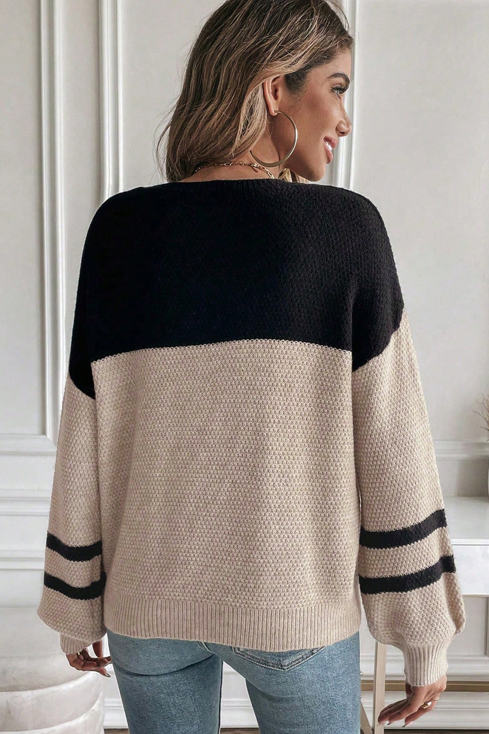 Medium Grey Color Block Knit Striped Sleeve Detail Casual Sweater