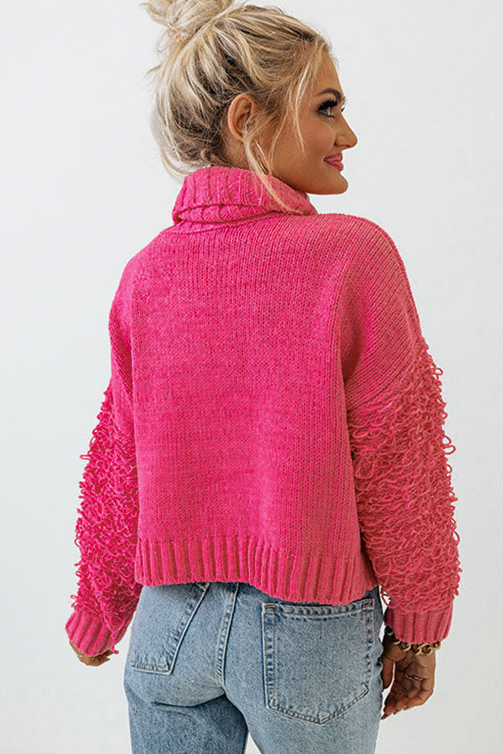 Pink Ribbed Turtleneck Fuzzy Sleeve Knit Sweater