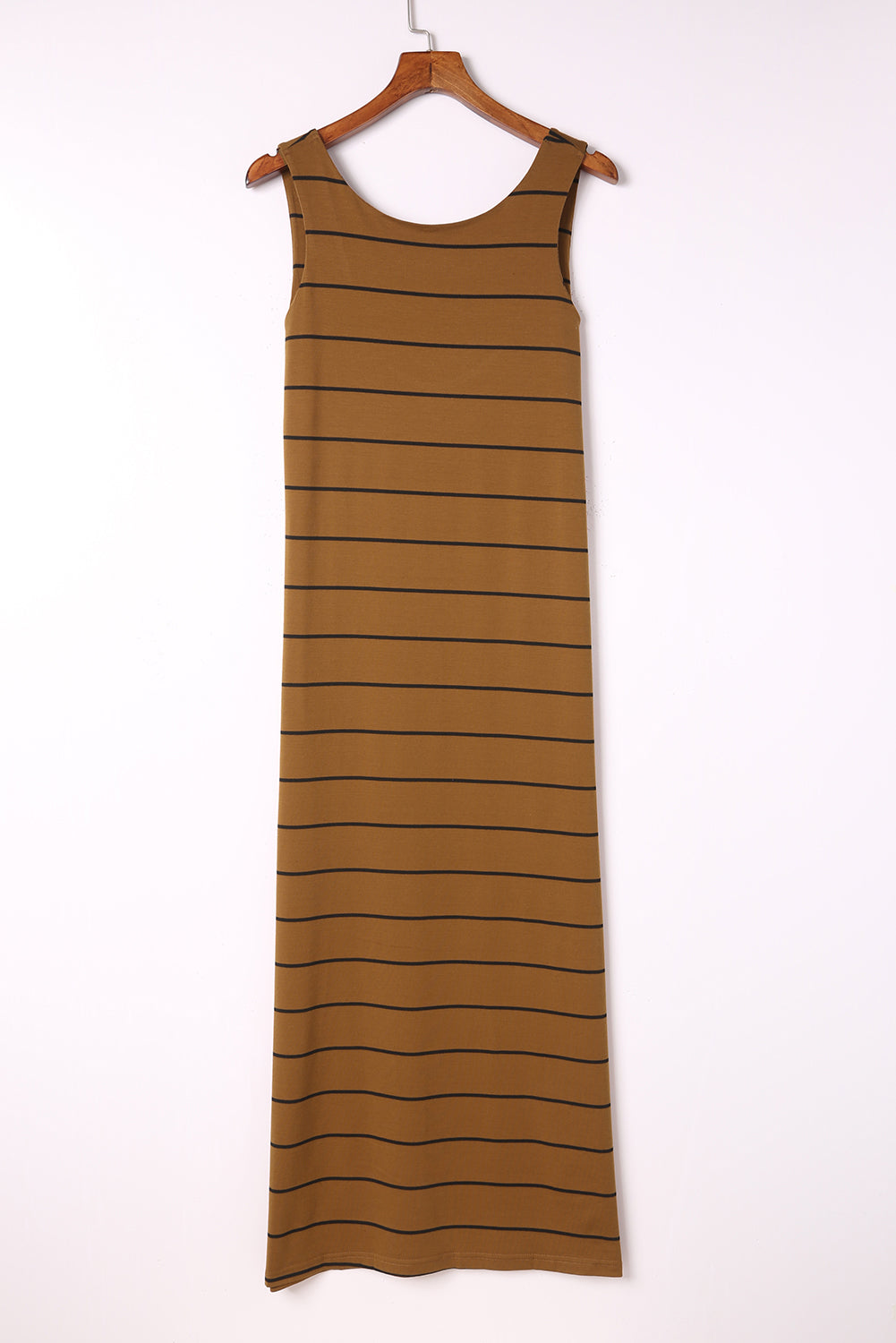 Brown Stripe Print Open Back Sleeveless Maxi Dress with Slits
