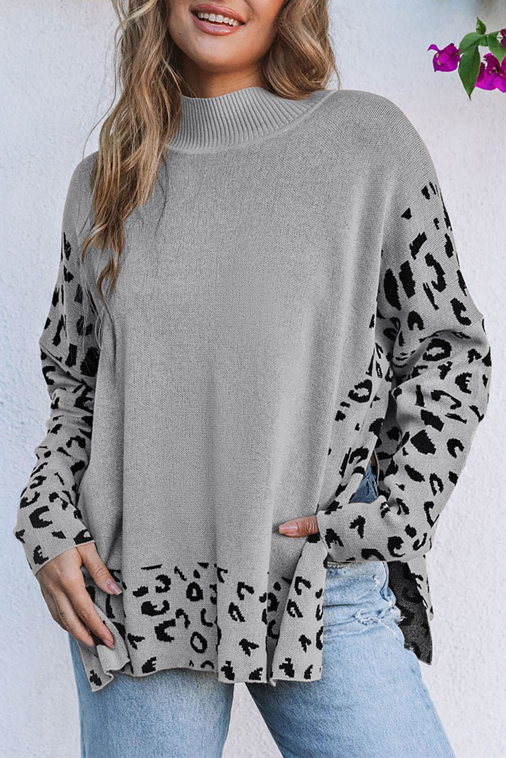 Khaki Leopard High Neck Side Slit Oversized Sweater