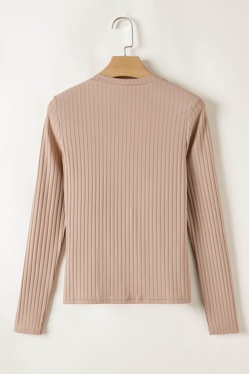 Strawberry Pink Ribbed Knit V Neck Long Sleeve Slim Fit Top