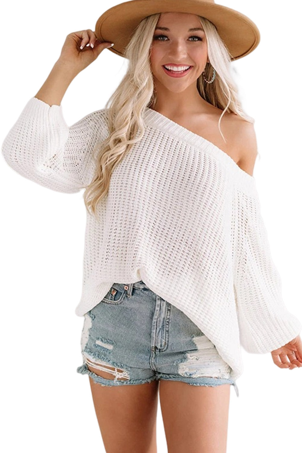 White Ribbed Trim Pointelle Knit Loose Sweater