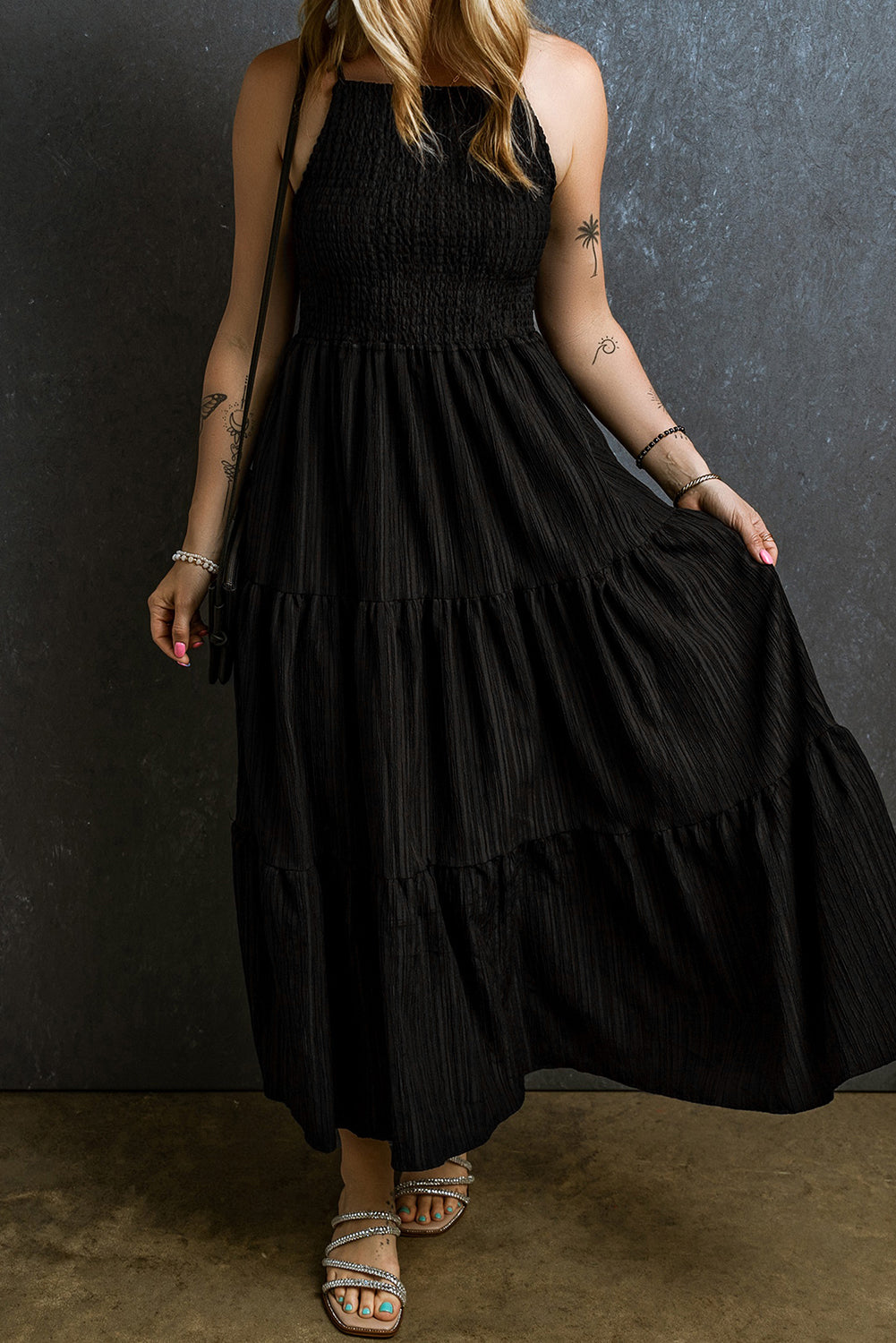 Black Spaghetti Straps Smocked Pleated Tiered Maxi Dress