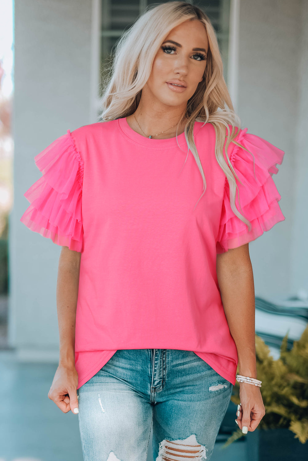 Tulle ruffle best sale sleeve top