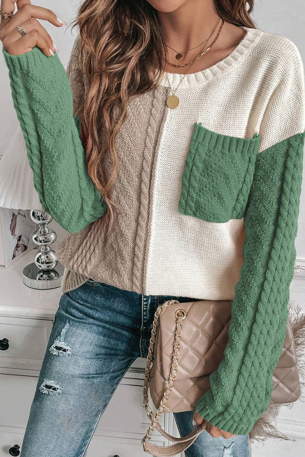 Vineyard Green Colorblock Patched Pocket Drop Shoulder Sweater