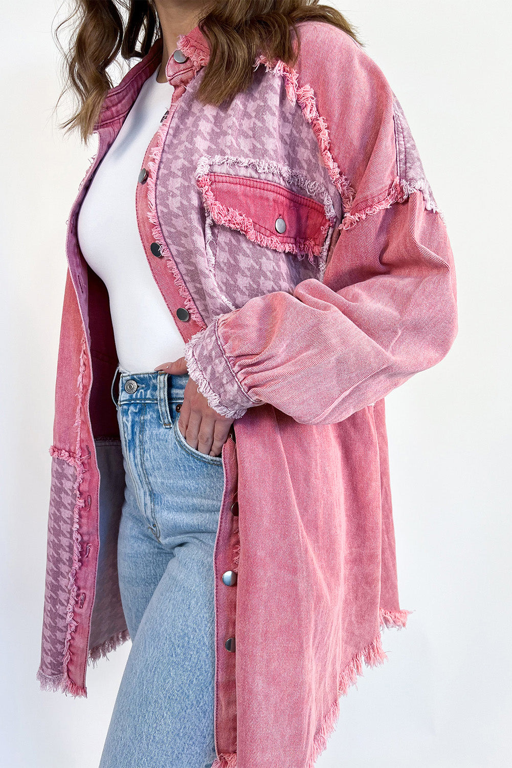 Pink Retro Distressed Houndstooth Patchwork Denim Jacket