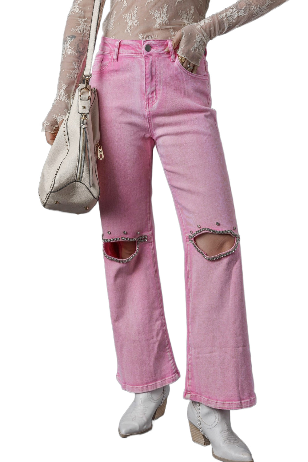 Pink High Waist Rhinestone Cutout Wide Leg Jeans