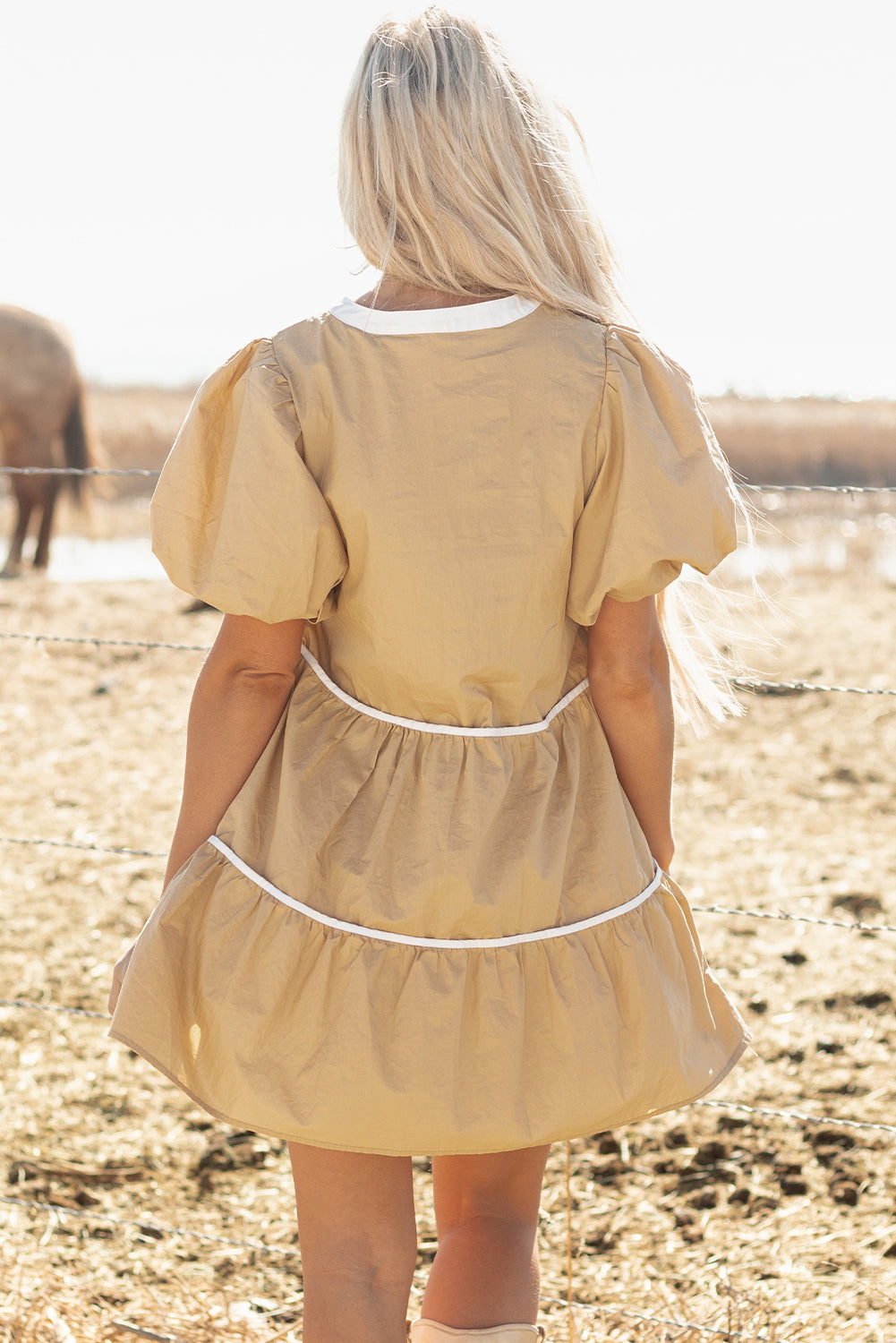 Pale Khaki Contrast Trim Pintuck Puff Sleeve Tied Neck Short Dress