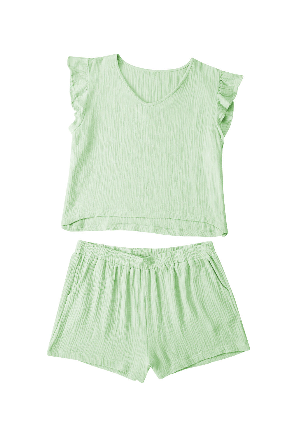 Green Crinkled Texture V Neck Ruffled Sleeve Tops and Shorts Set