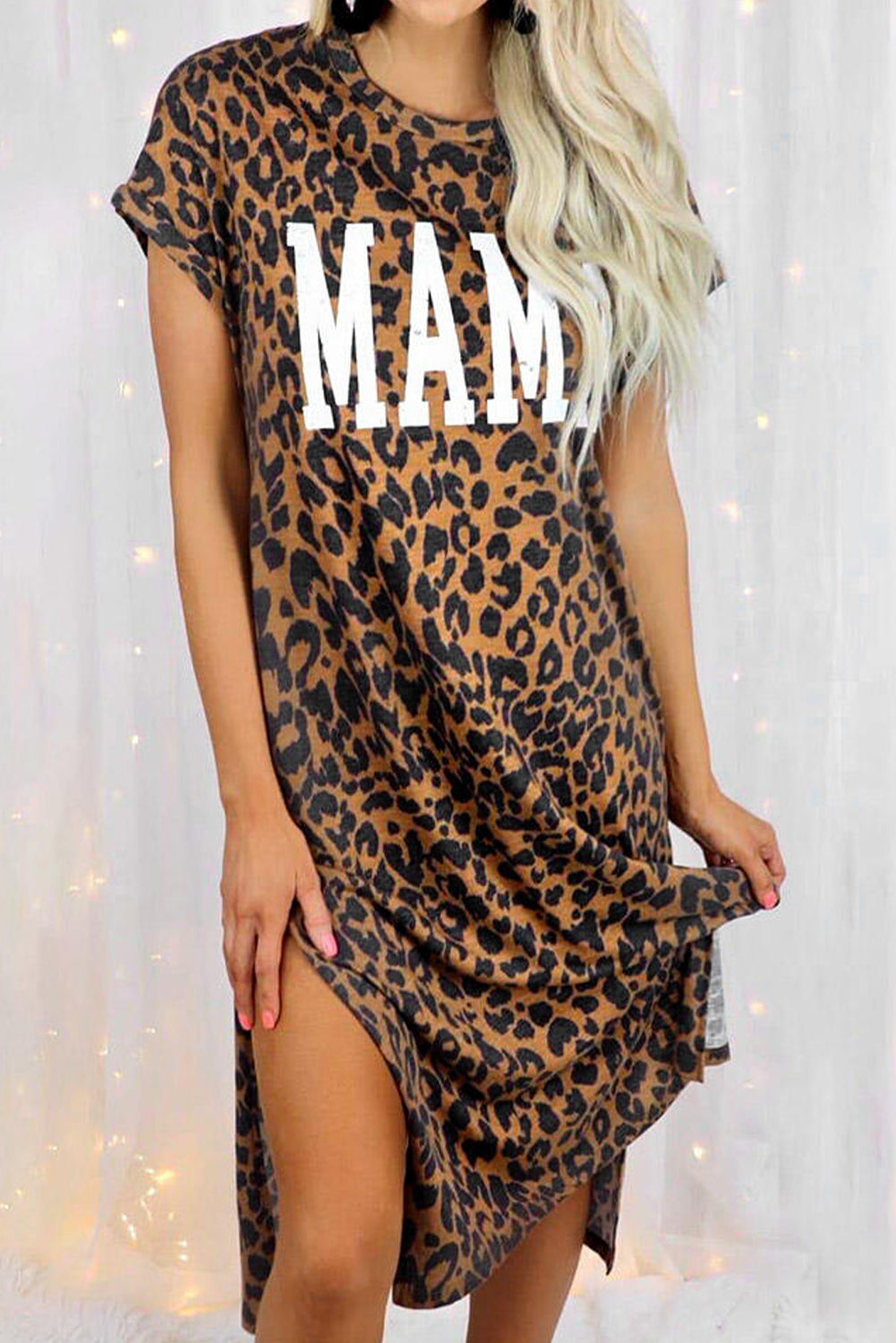 Leopard MAMA Letter Print Slit T-Shirt Dress