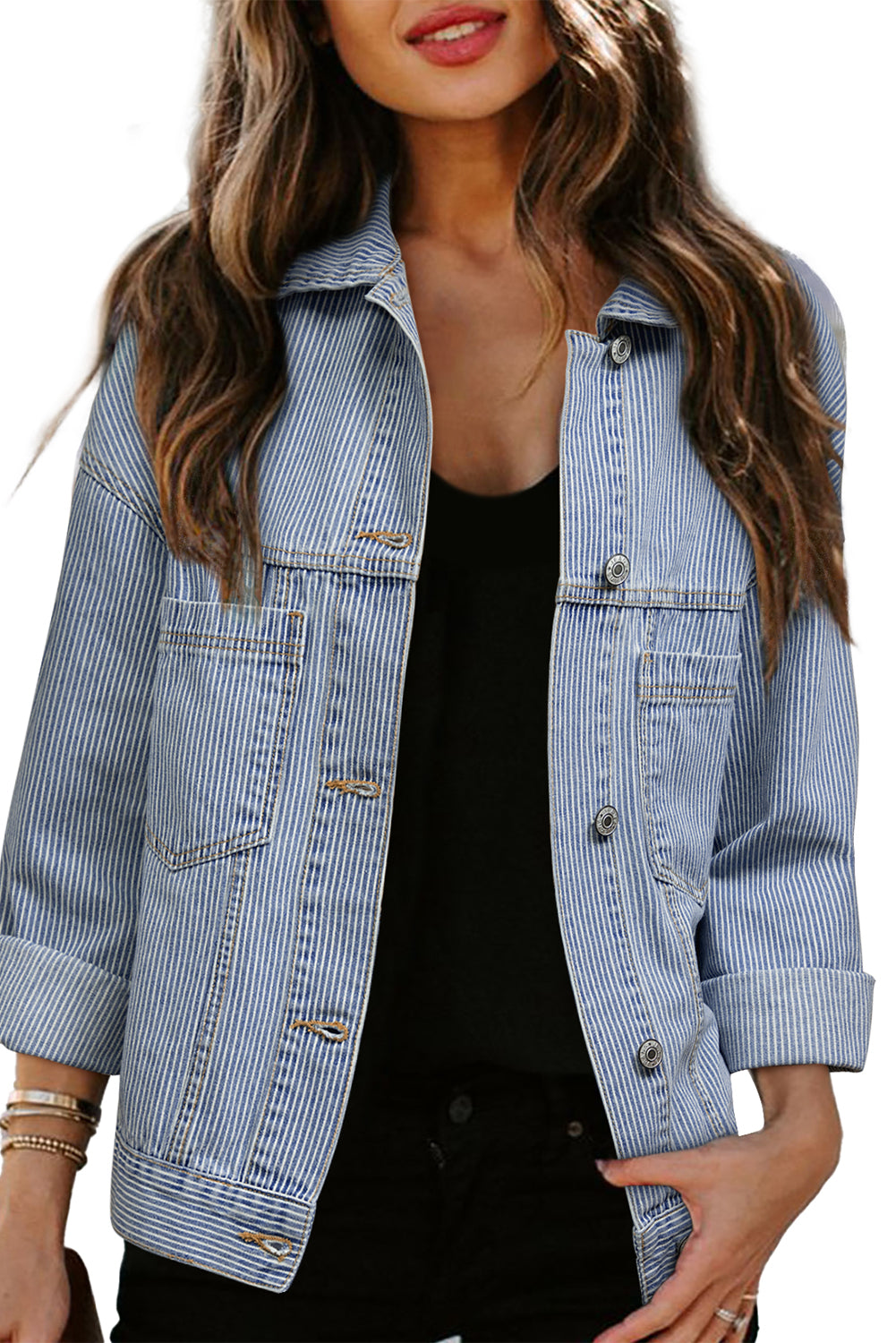 Blue Stripe Washed Oversize Pocketed Denim Jacket