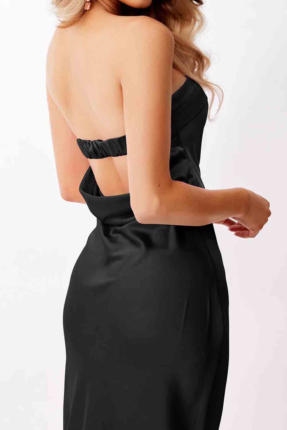 Black Satin Backless Tube Top Maxi Dress