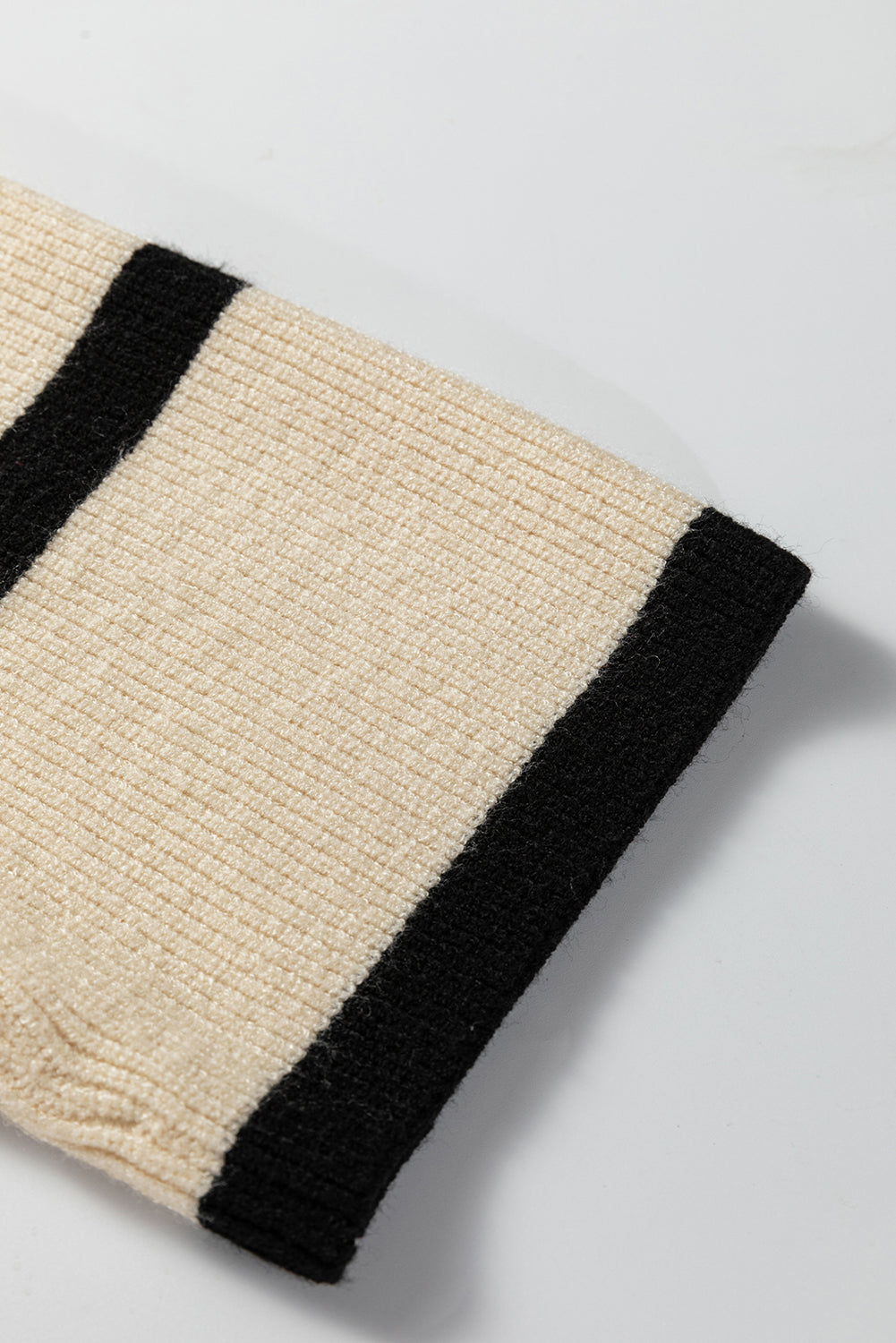 Beige Ribbed Knit Contrasted Stripe Detail Button Side Loose Sweater