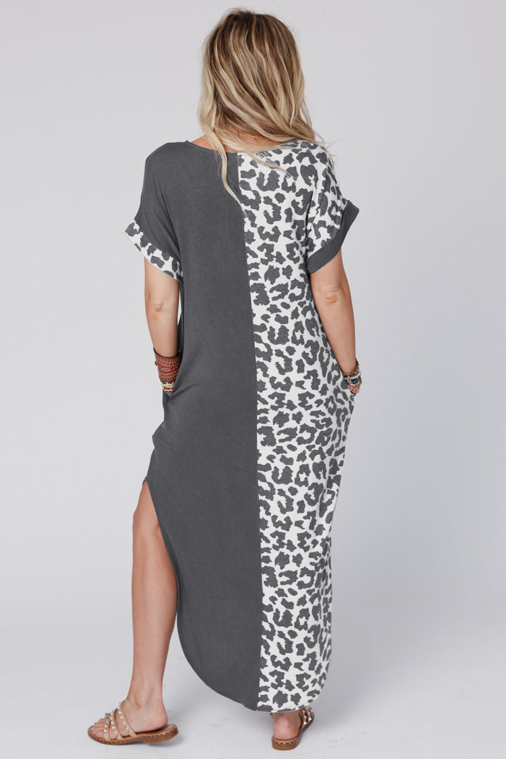 Gray Contrast Solid Leopard Short Sleeve T-shirt Dress with Slits