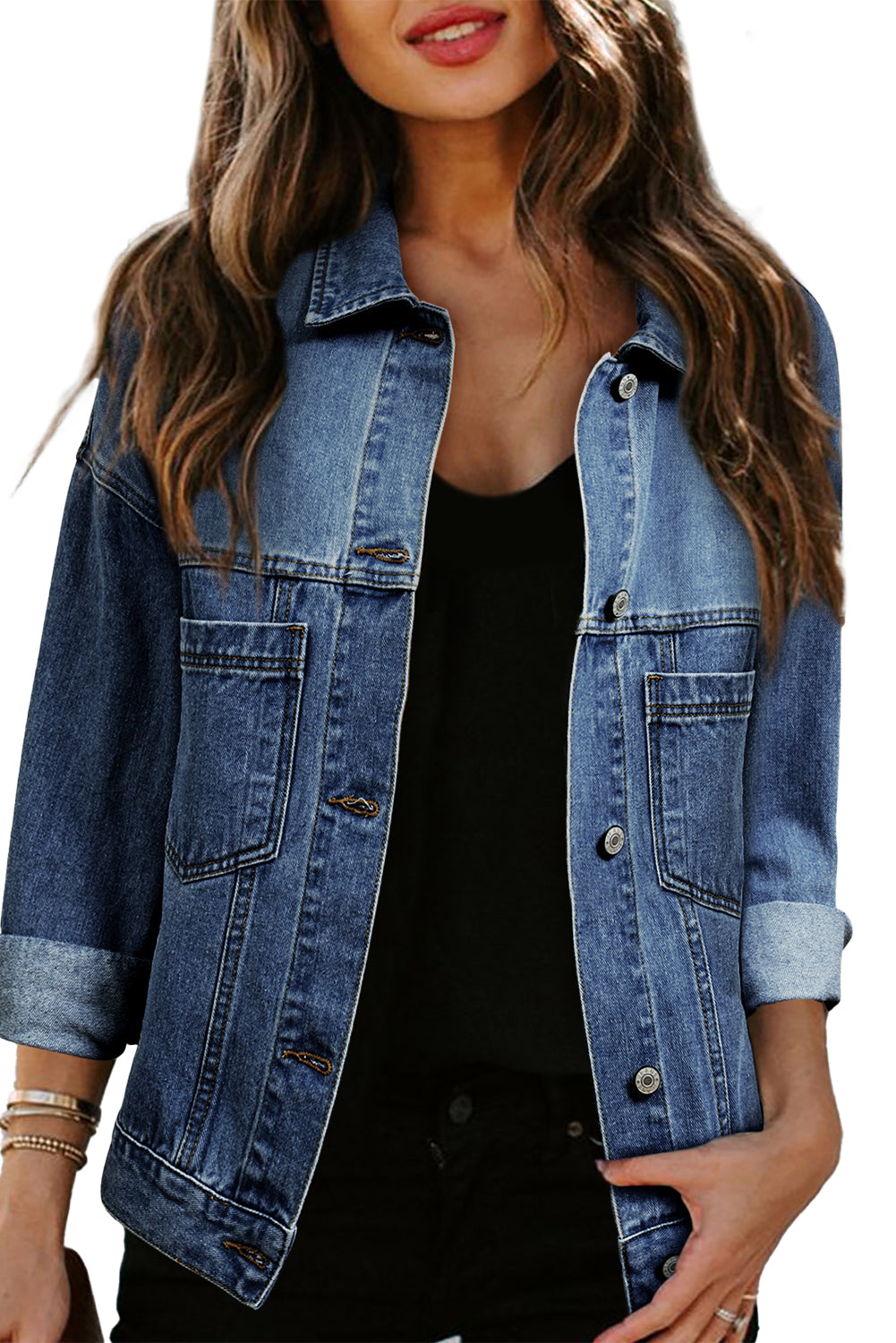 Blue Stripe Washed Oversize Pocketed Denim Jacket