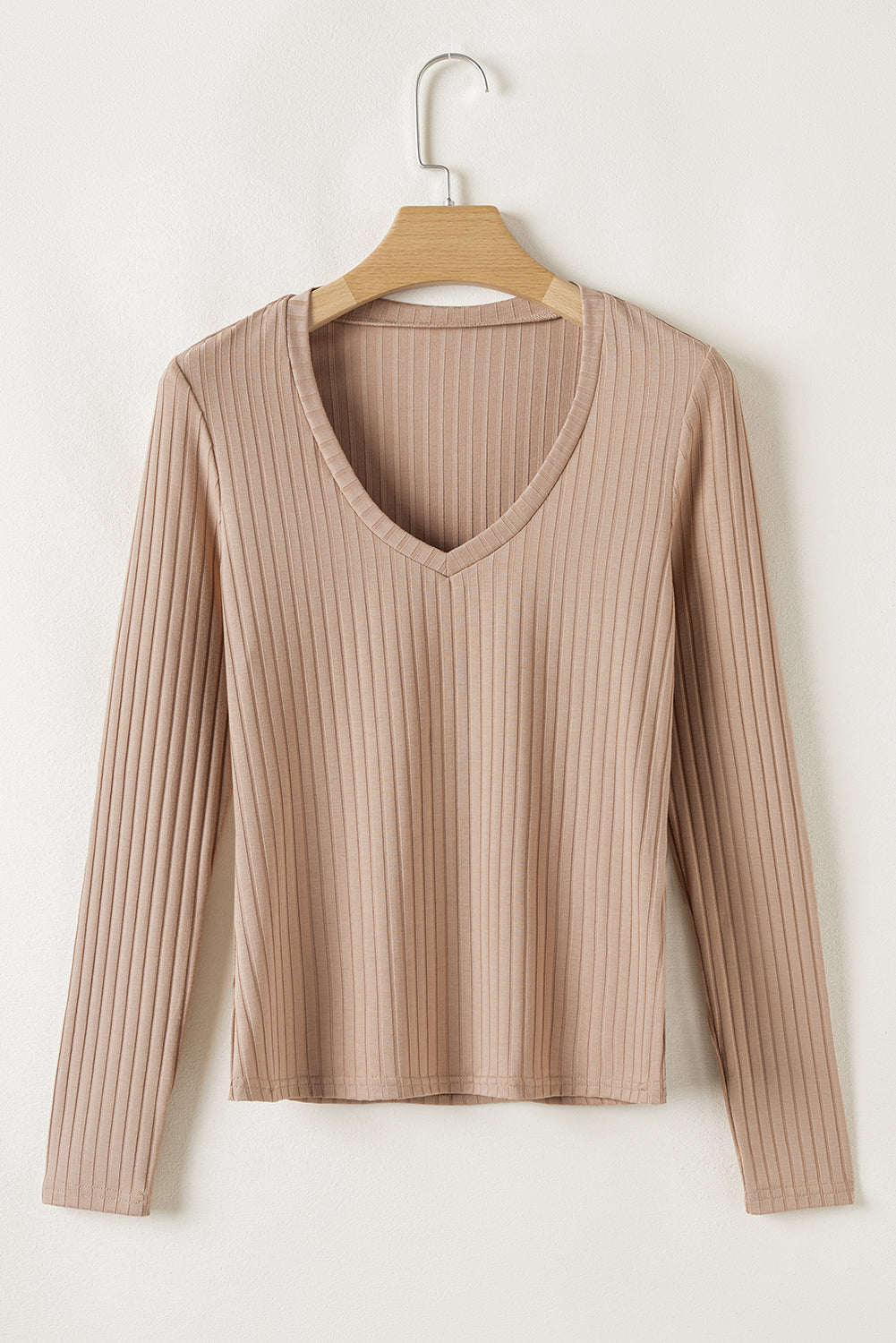 Strawberry Pink Ribbed Knit V Neck Long Sleeve Slim Fit Top