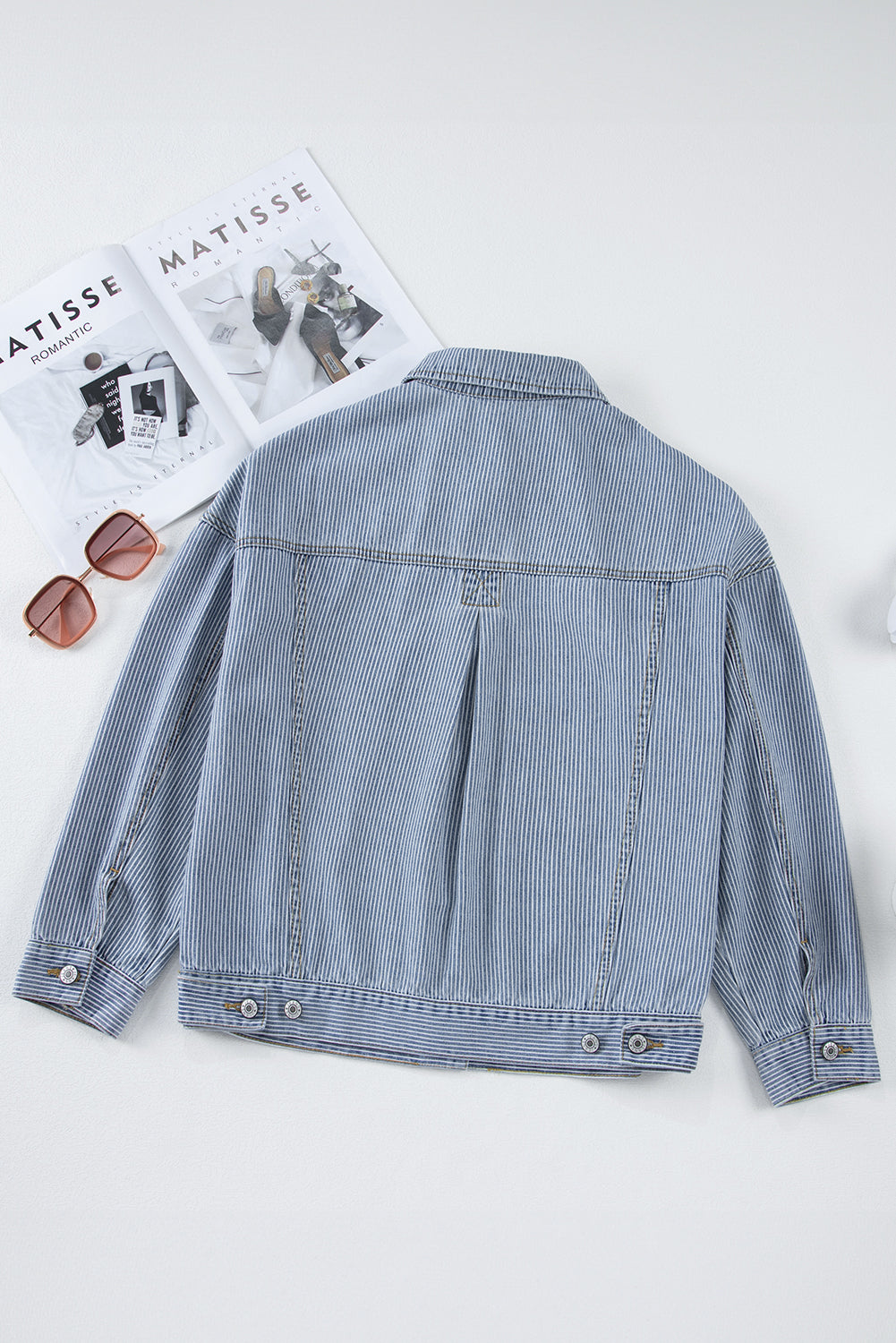 Blue Stripe Washed Oversize Pocketed Denim Jacket