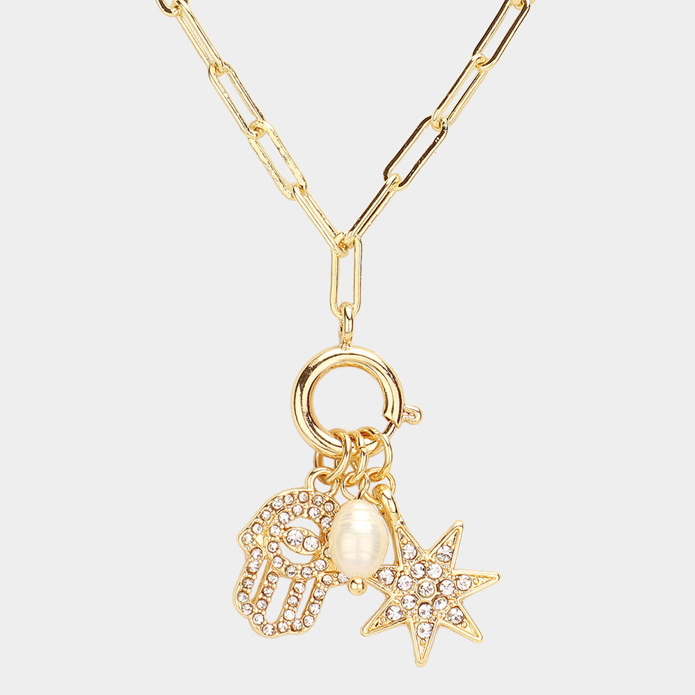 Stone Paved Hamsa Hand Sunburst Pearl Charm Pointed Paperclip Chain Necklace