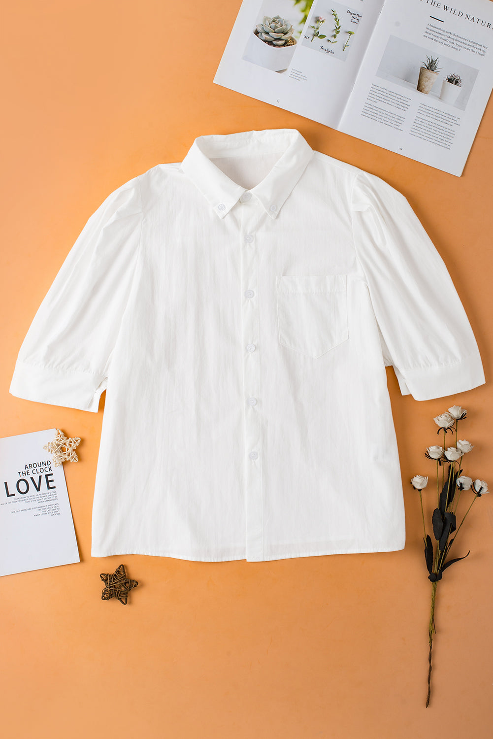 White Solid Puff Short Sleeve Shirt