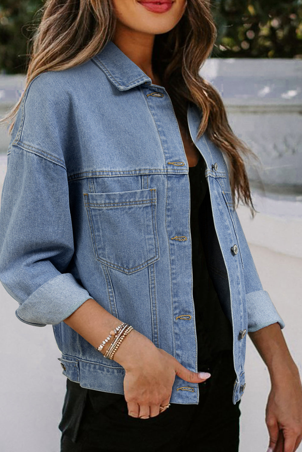 Blue Stripe Washed Oversize Pocketed Denim Jacket