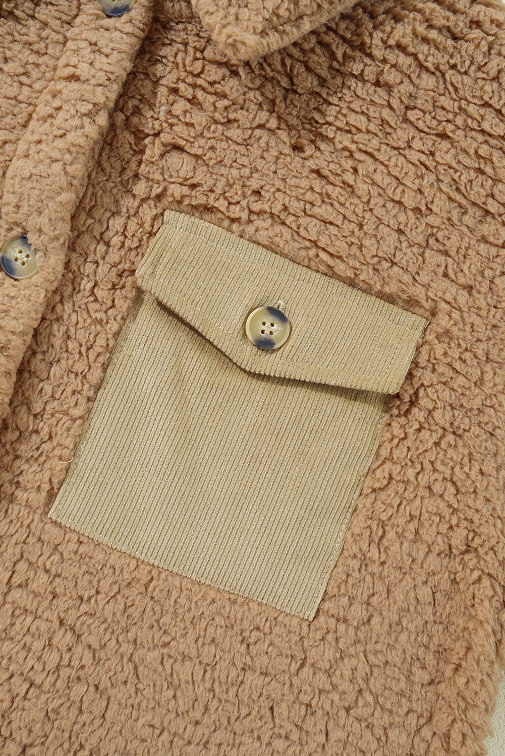 Khaki Contrast Flap Pocket Single Breasted Teddy Coat