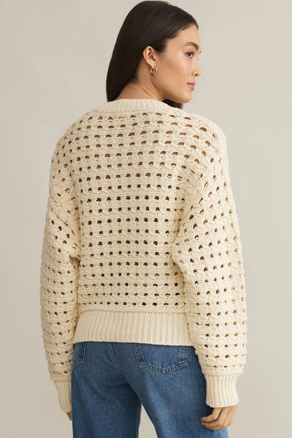 Beige Hollowed Pattern Knit Zip Up Drop Shoulder Sweater Cardigan