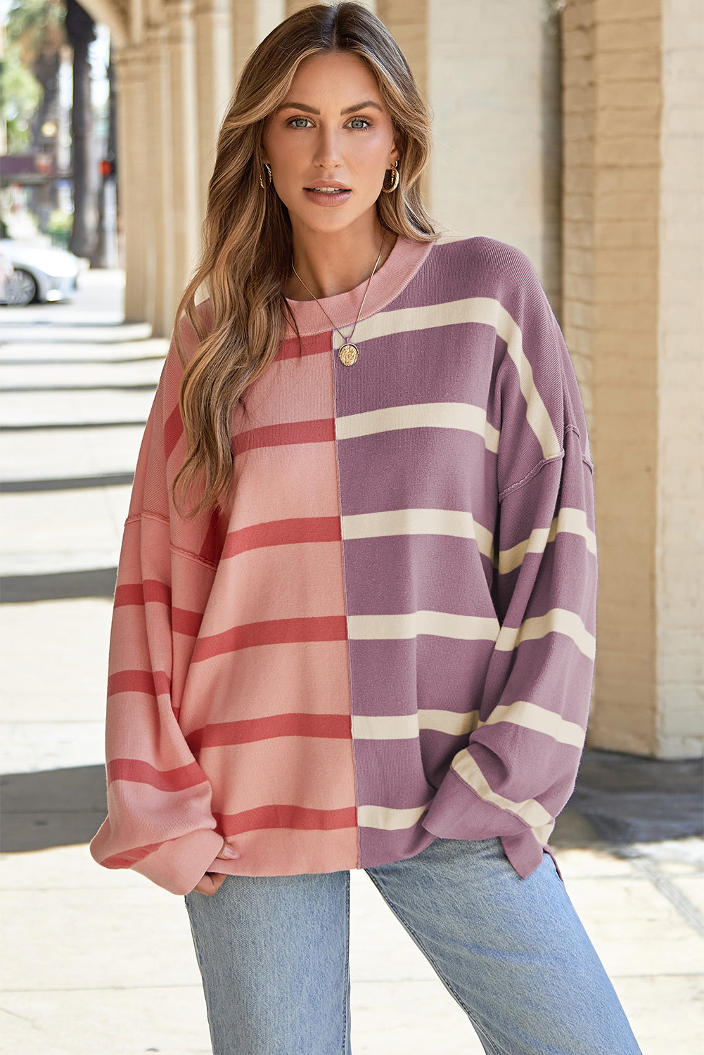 Khaki Stripe Colorblock Oversized Sweater