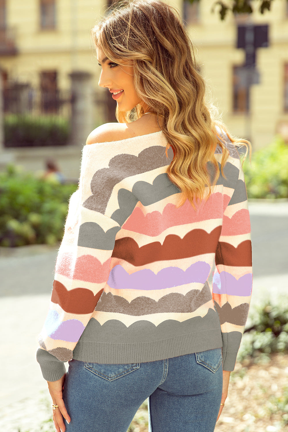 Yellow Wave Striped Balloon Sleeve Drop Shoulder Sweater