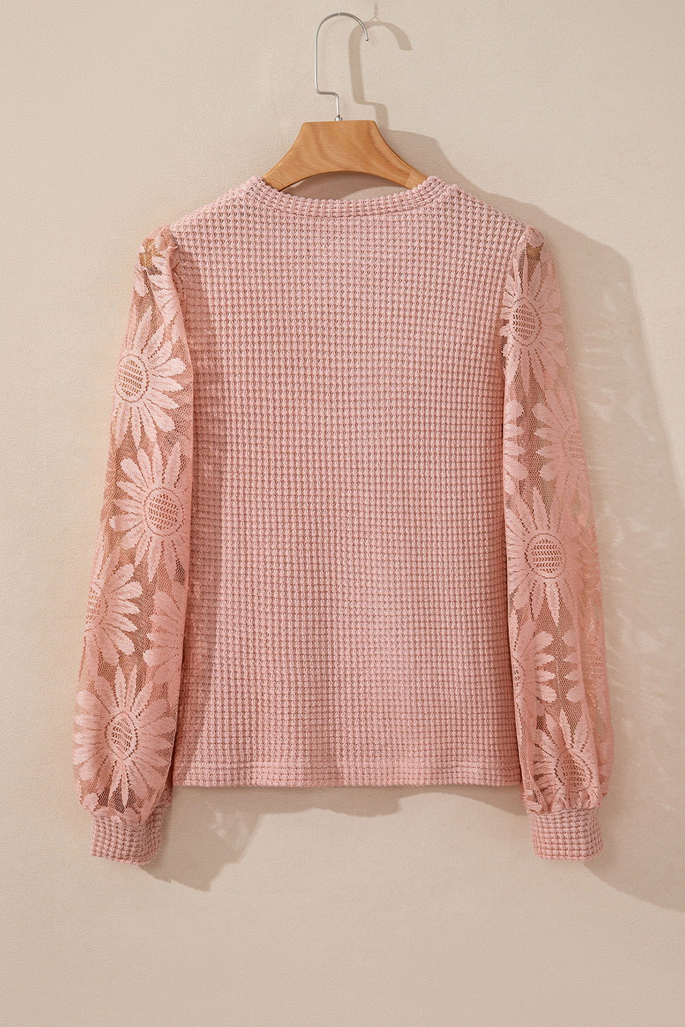 Peach Blossom Sunflower Mesh Bubble Sleeve Waffle Knit Top