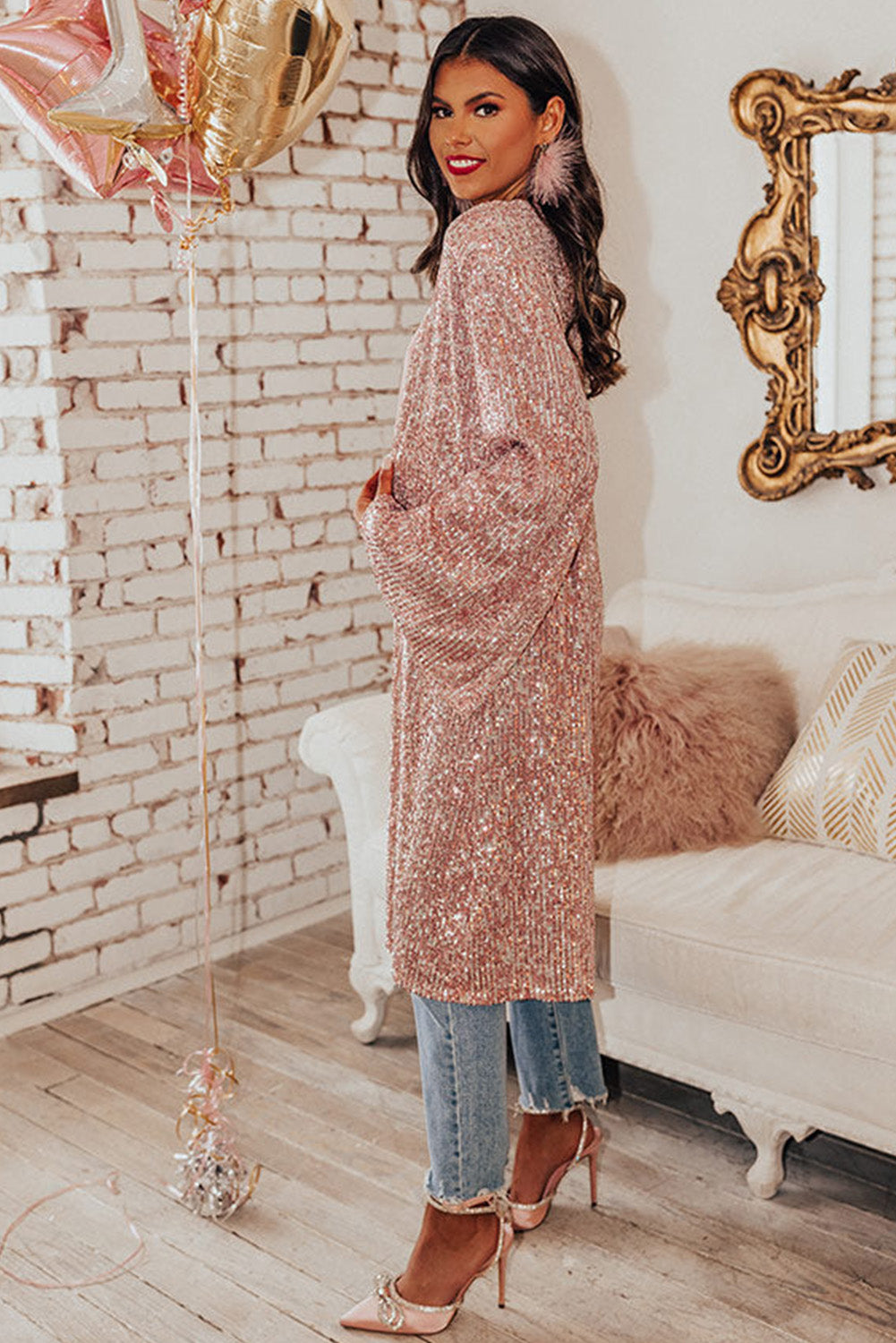 Pink Flare Sleeve Open Front Sequin Kimono