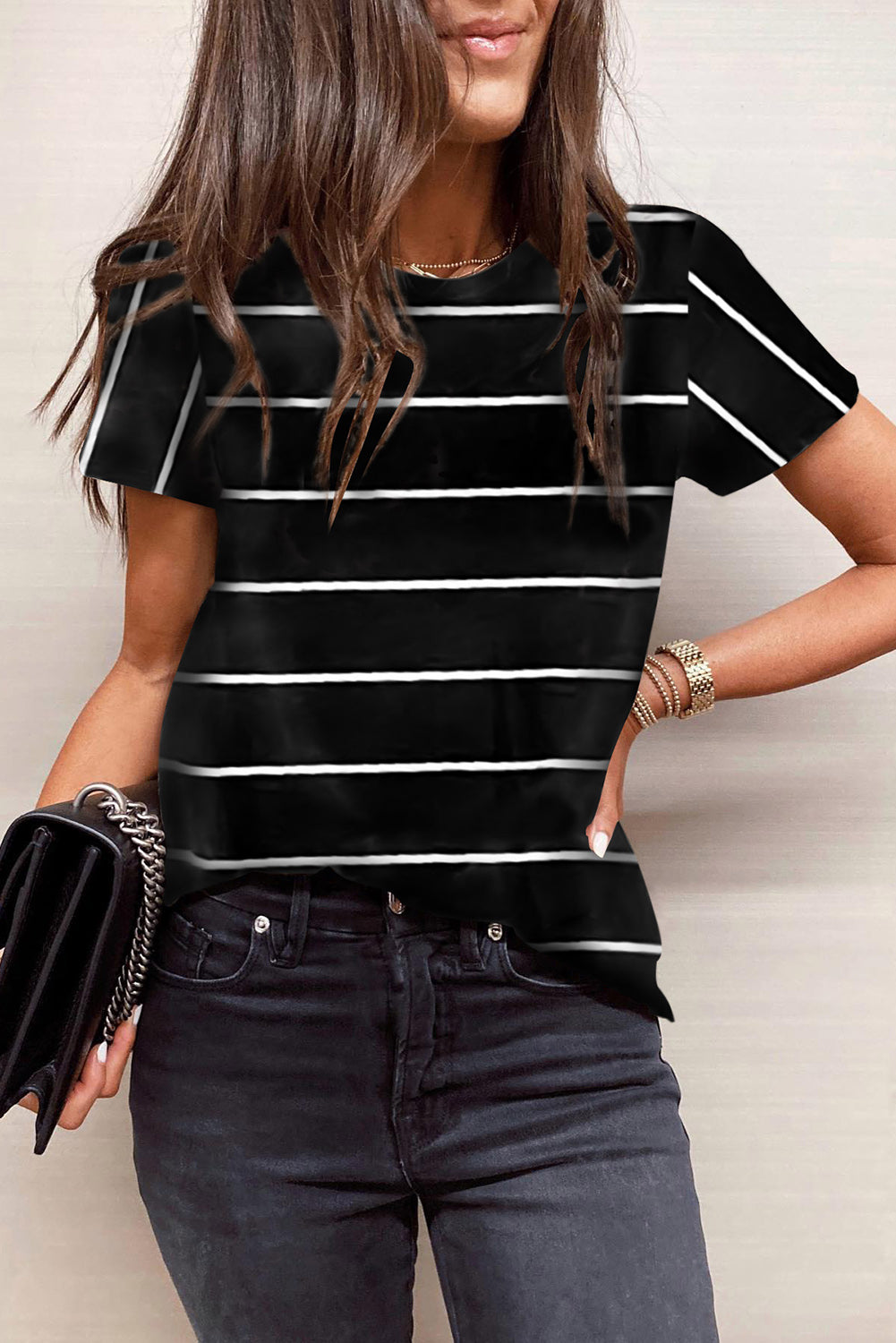 Black Round Neck Striped Print T-shirt